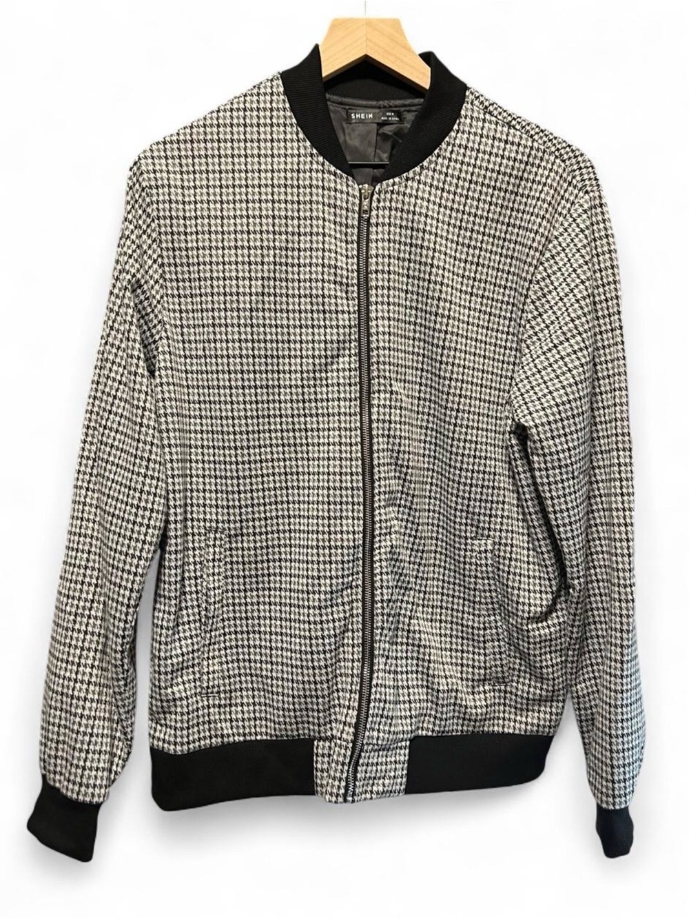 SHEIN Black & White Houndstooth Bomber Jacket